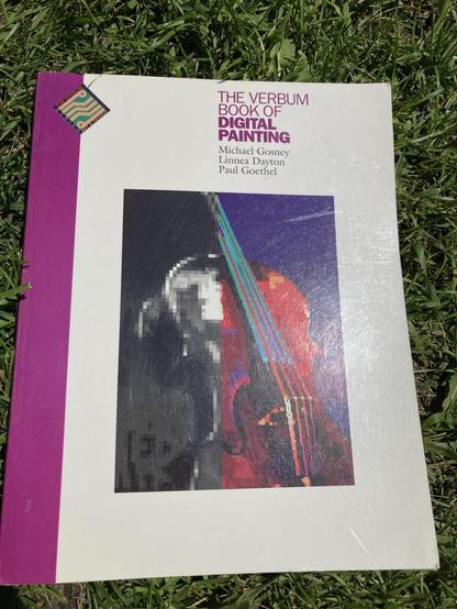 The front cover of the verbum book of digital painting, by Michael Gosney, Linnea Dayton and Paul Goethel. It shows a violin that has been scanned and digitized in low bit colour and monochrome.